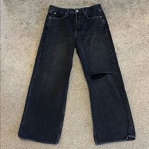 rag & bone Logan Wide Leg Mid Rise Black Distressed Knee Button Fly Jeans | 30
